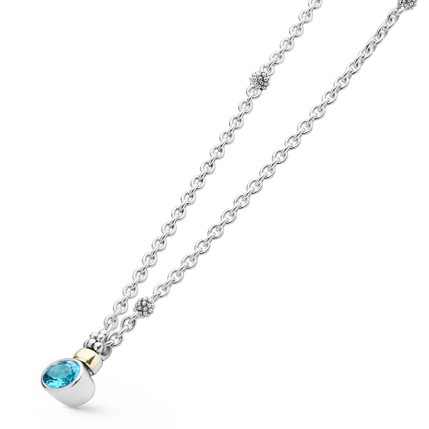 silver tone necklace with blue stone on an angle white background