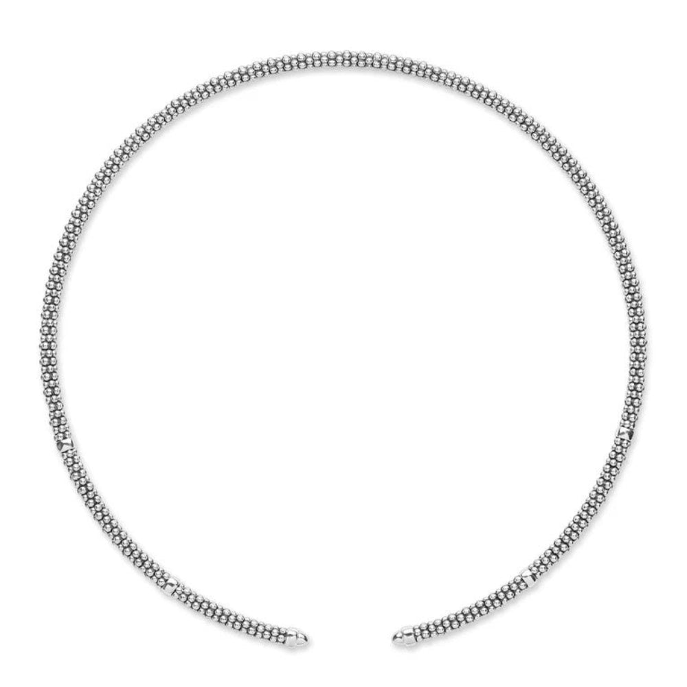 Sterling silver beaded chain necklace with a textured, woven appearance, displayed in a circular shape 