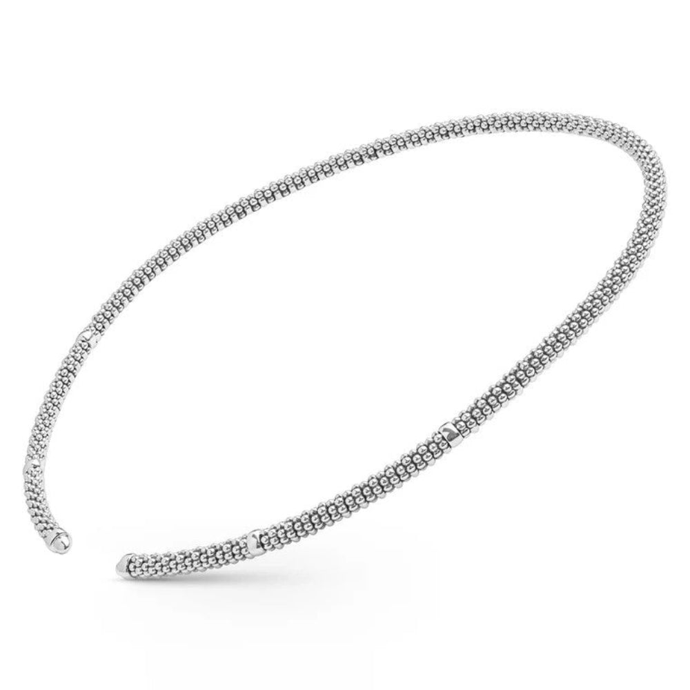 Sterling silver beaded chain necklace with a textured, woven appearance, displayed in a circular shape 