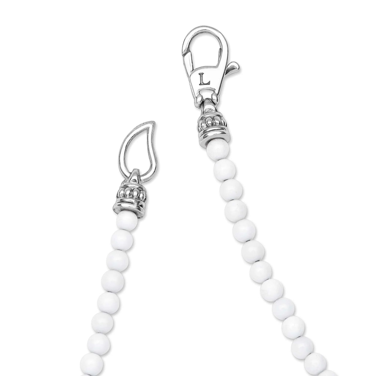 White beaded chain with silver lobster clasp and decorative silver cap, shown on a white background.