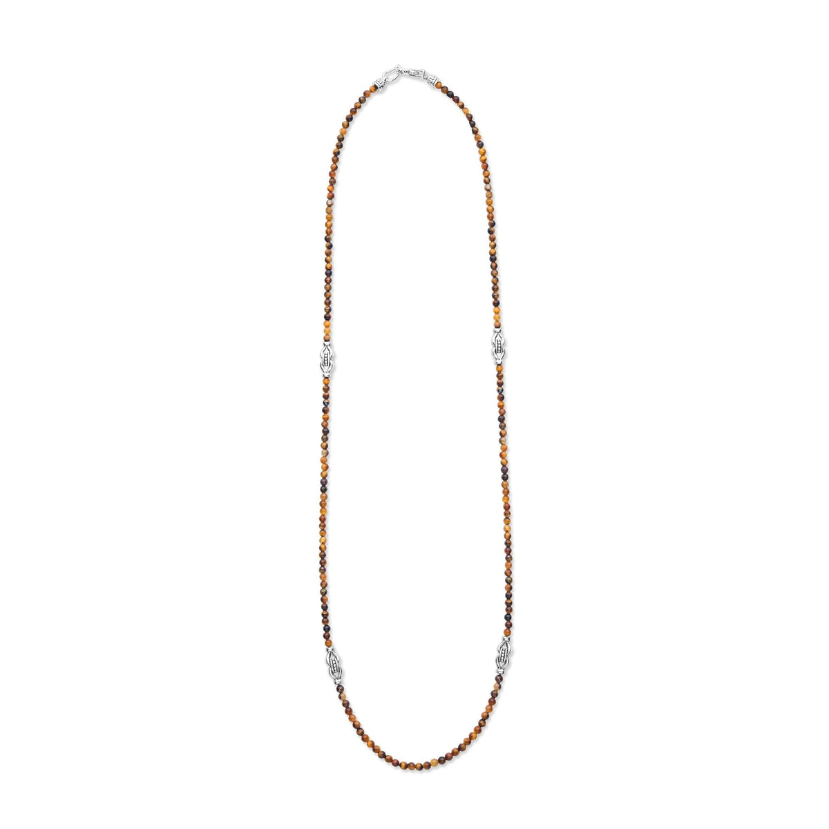 A beaded necklace featuring alternating strands of dark brown and metallic gold beads, accented by silver-toned geometric spacer beads, shown on a plain white background.