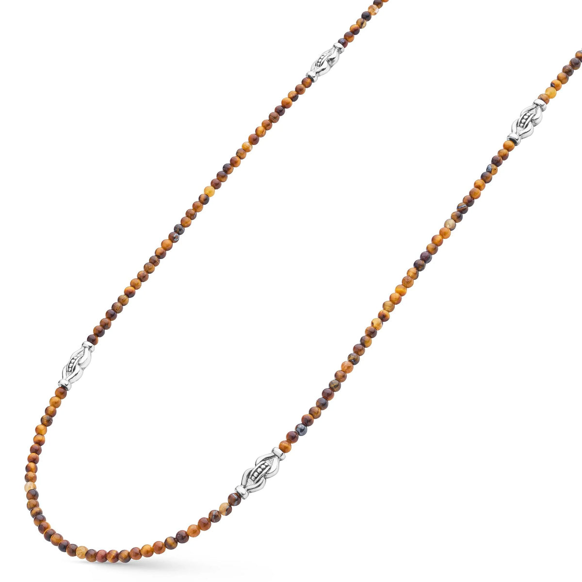 A beaded necklace featuring small brown and amber-orange faceted beads separated by silver-toned metal spacers, displayed on a clean white background.