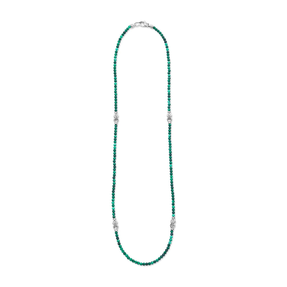A beaded necklace featuring vibrant green faceted beads and four silver-toned decorative spacer accents, displayed on a clean white background.