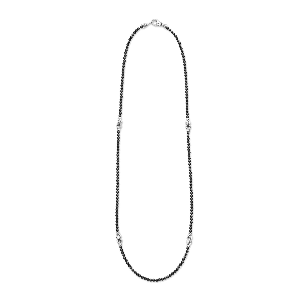 A delicate black beaded necklace with silver-toned decorative accents and a silver clasp, displayed on a solid white background.