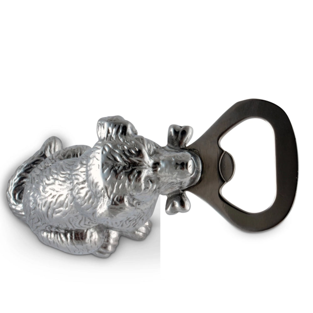 Metallic animal-shaped bottle opener on a white background