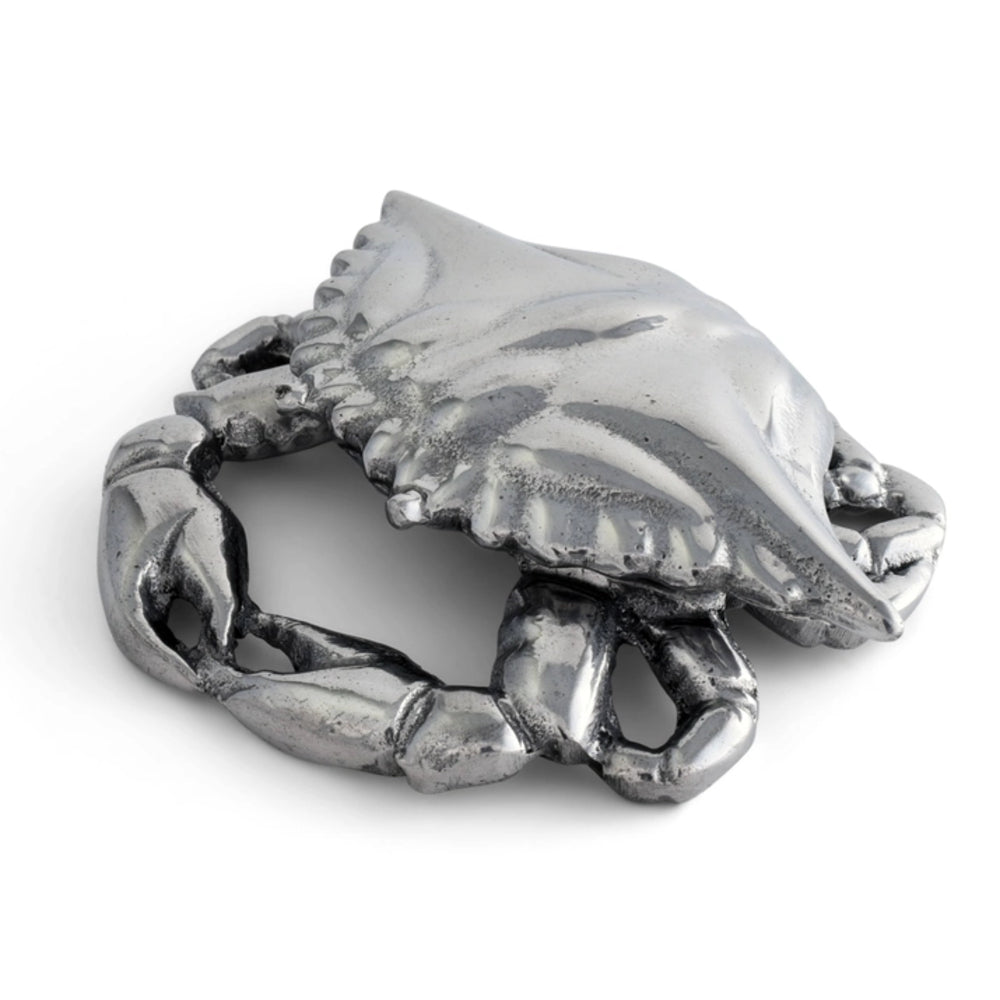 A sterling silver crab charm with detailed textured carvings, shown on a clean white background.
