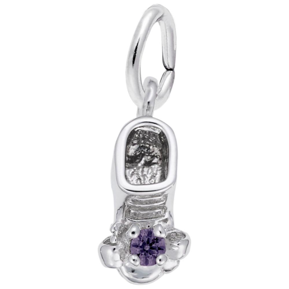 Silver baby-bootie charm with a purple gemstone on a white background