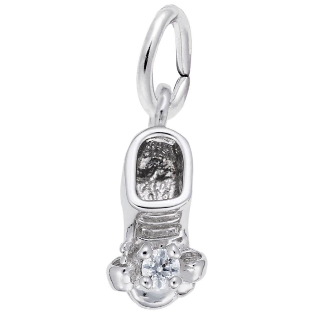 Silver baby-bootie charm with a diamond on a white background