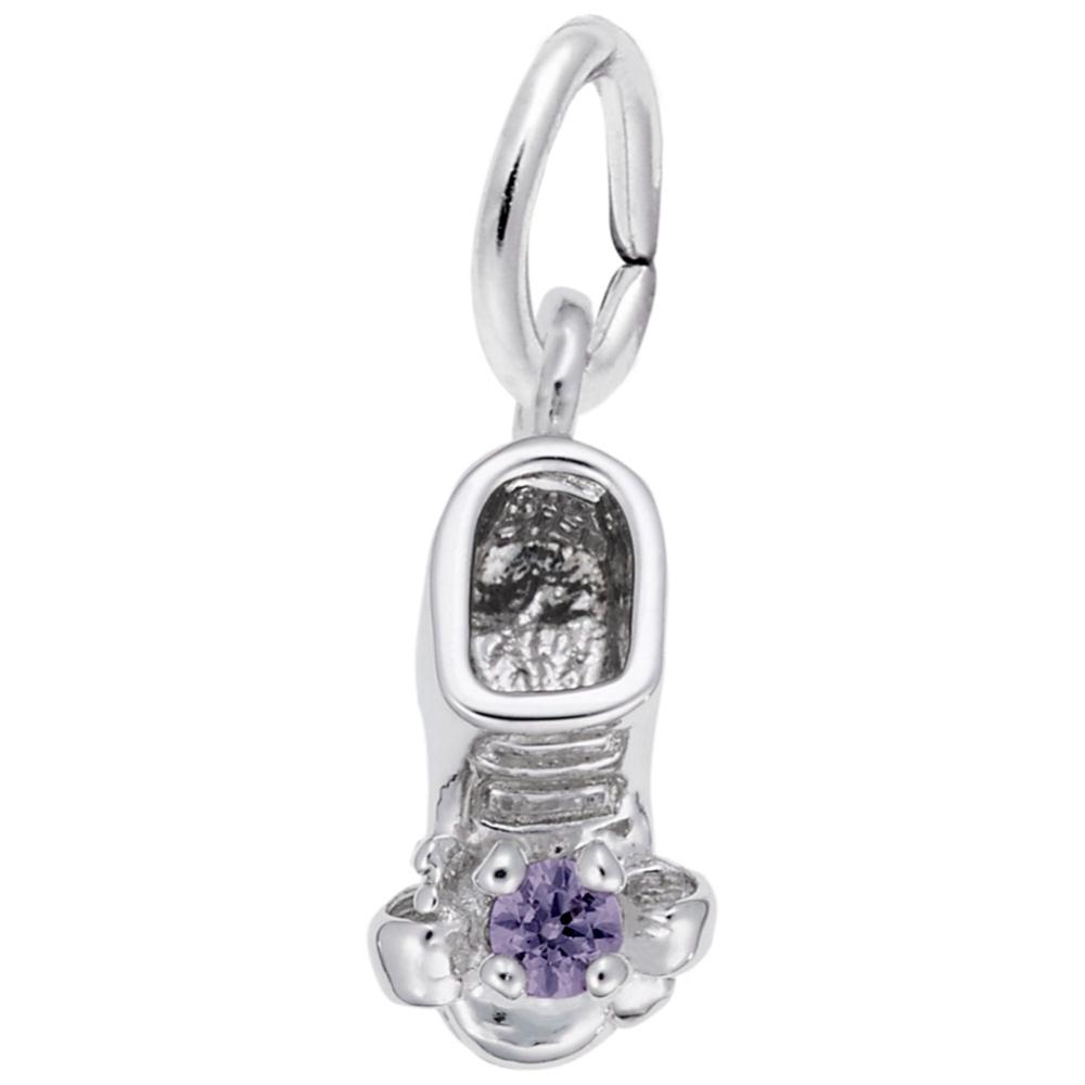 Silver baby-bootie charm with a purple gemstone on a white background