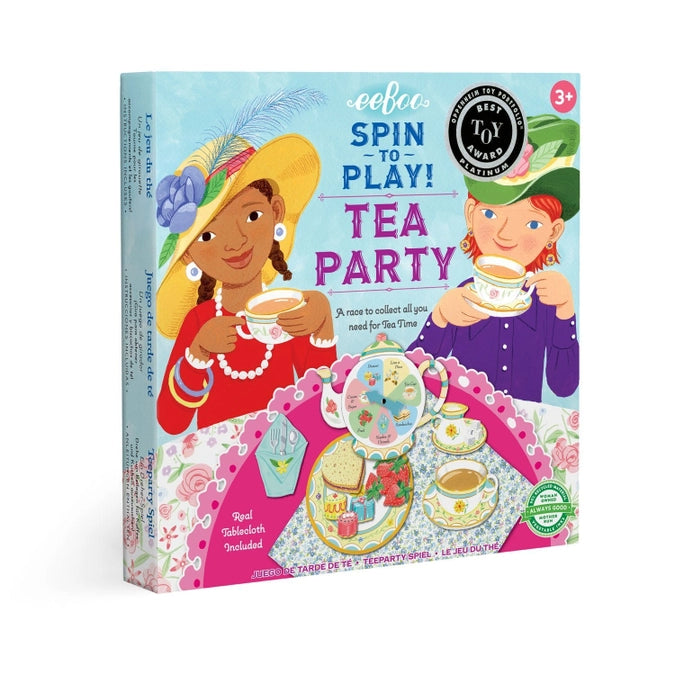 Tea party toy set packaging with two children enjoying a tea party.