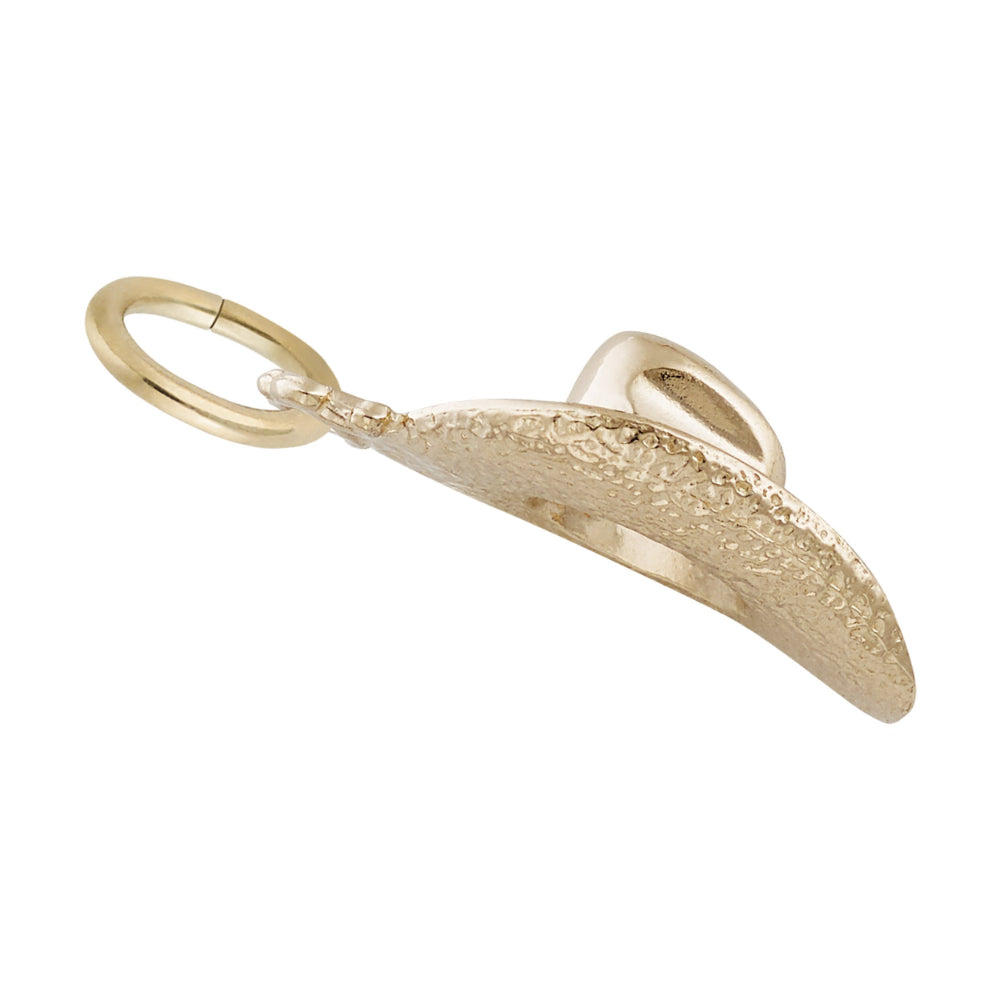 3/4 view of a Gold cowboy hat charm with a polished crown and a textured brim, shown on a white background