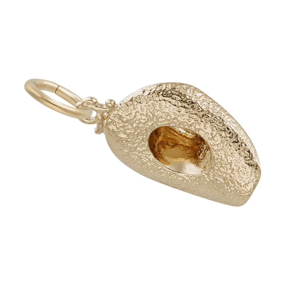 Bottom view of a Gold cowboy hat charm with a textured brim, shown on a white background
