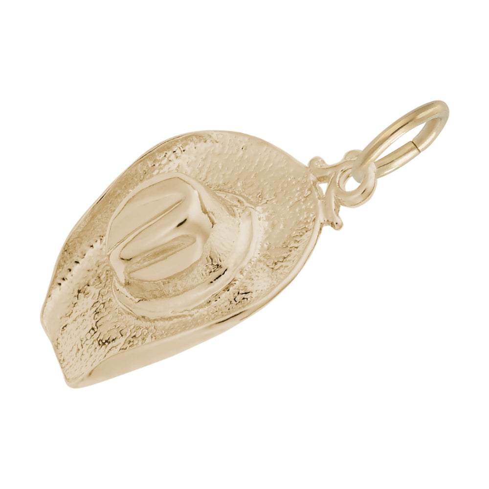 Gold cowboy hat charm with a polished crown and a textured brim, shown on a white background