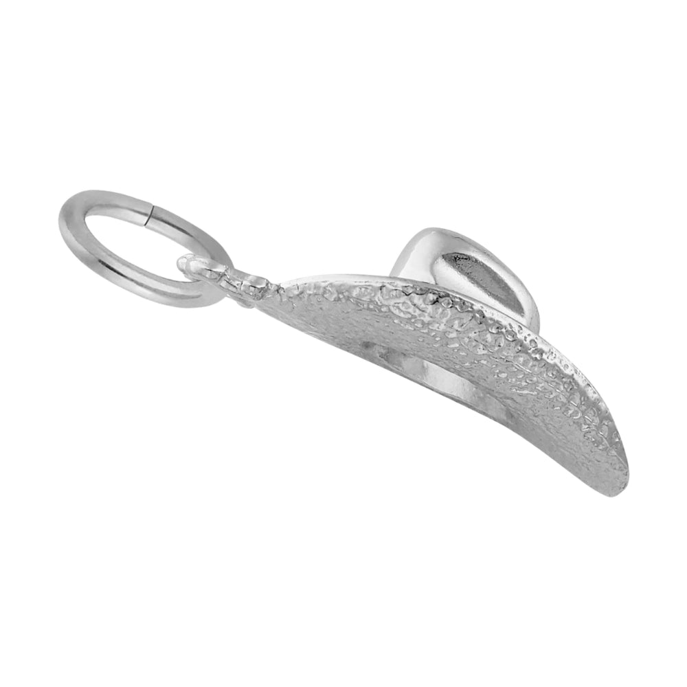 3/4 view of a Silver cowboy hat charm with a polished crown and a textured brim, shown on a white background