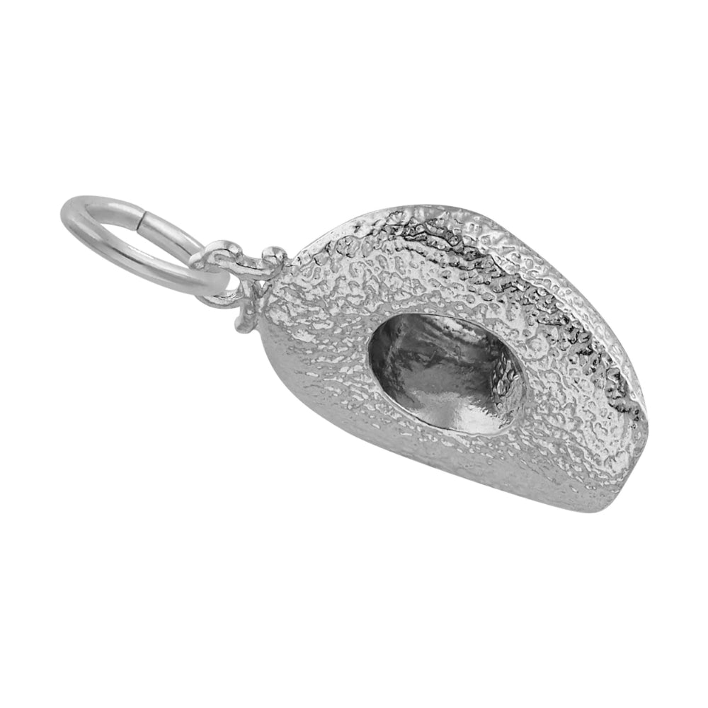 Bottom view of a Silver cowboy hat charm with a textured brim, shown on a white background