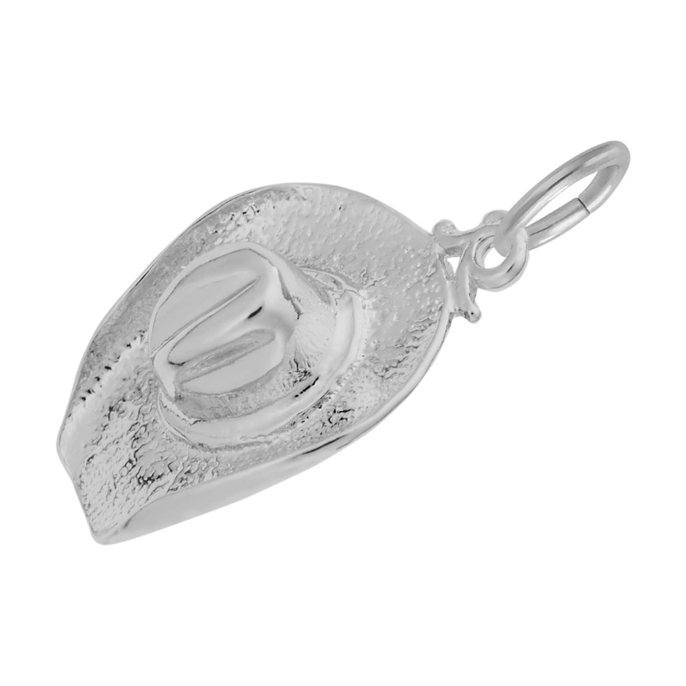 Silver cowboy hat charm with a polished crown and a textured brim, shown on a white background