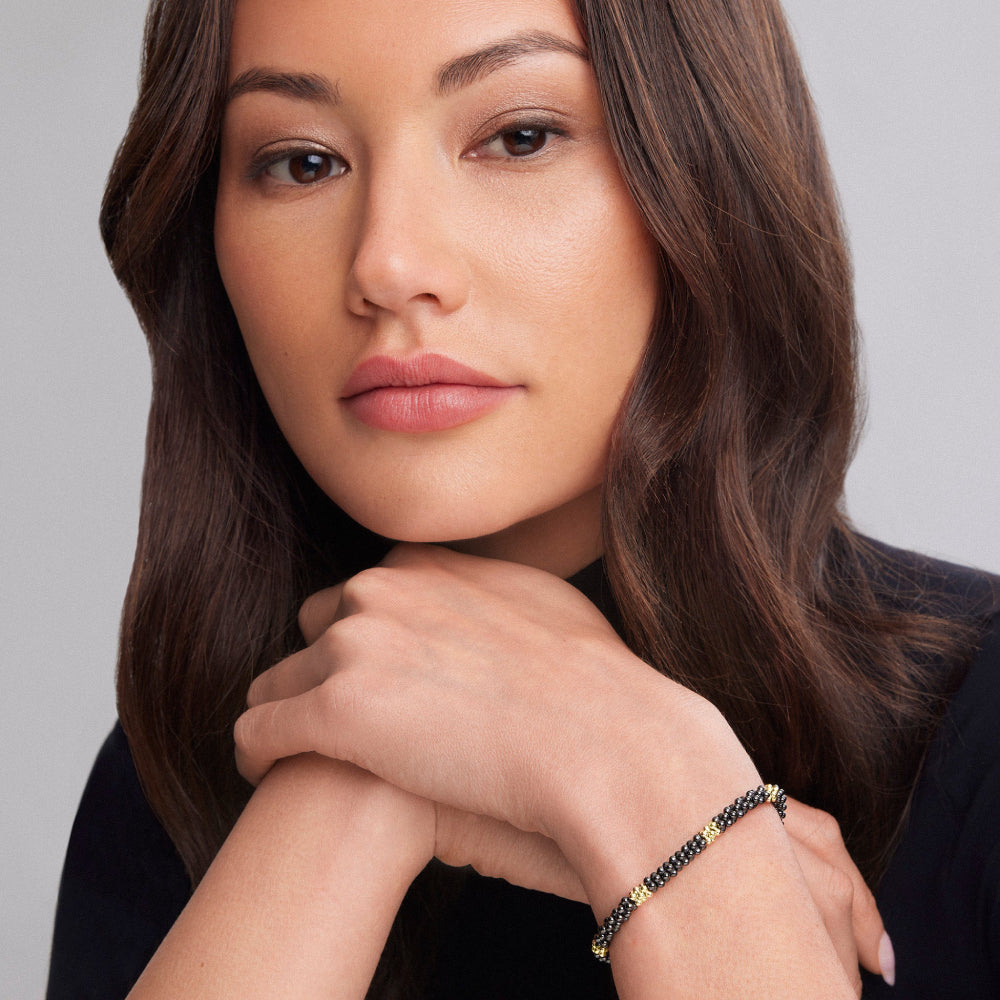 Lagos Black Caviar 18k Gold Small Station Ceramic Beaded Bracelet, 5mm