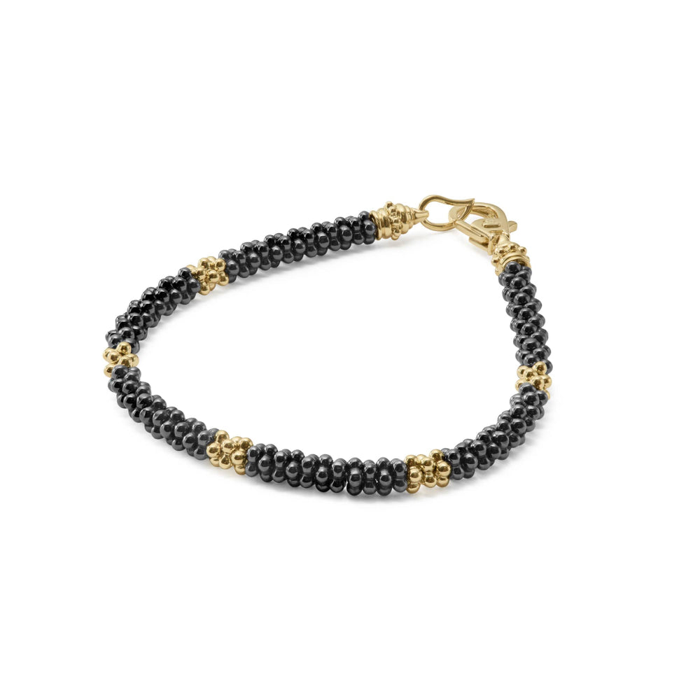 Lagos Black Caviar 18k Gold Small Station Ceramic Beaded Bracelet, 5mm