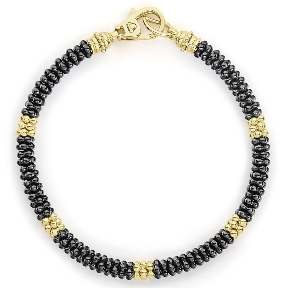 Lagos Black Caviar 18k Gold Small Station Ceramic Beaded Bracelet, 5mm