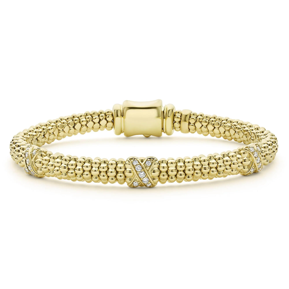 Lagos Embrace 18k Gold Three Station X Diamond Caviar Bracelet, 6mm