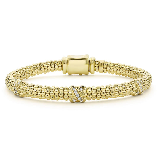 Lagos Embrace 18k Gold Three Station X Diamond Caviar Bracelet, 6mm