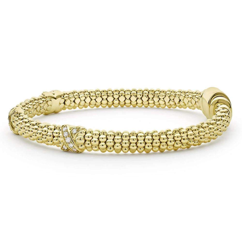 Lagos Embrace 18k Gold Three Station X Diamond Caviar Bracelet, 6mm