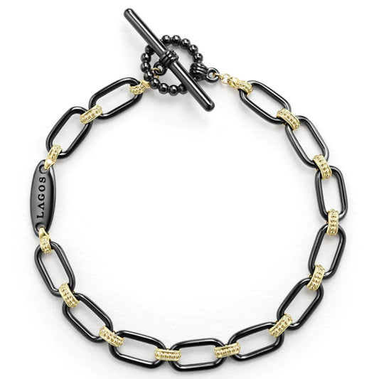 Lagos Signature Caviar 18k Gold and Black Ceramic Link Bracelet