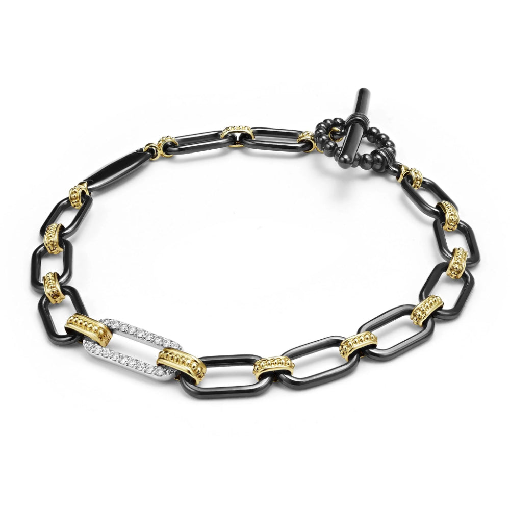 Lagos Signature Caviar 18k Gold and Black Ceramic Diamond Station Link Bracelet, 6mm