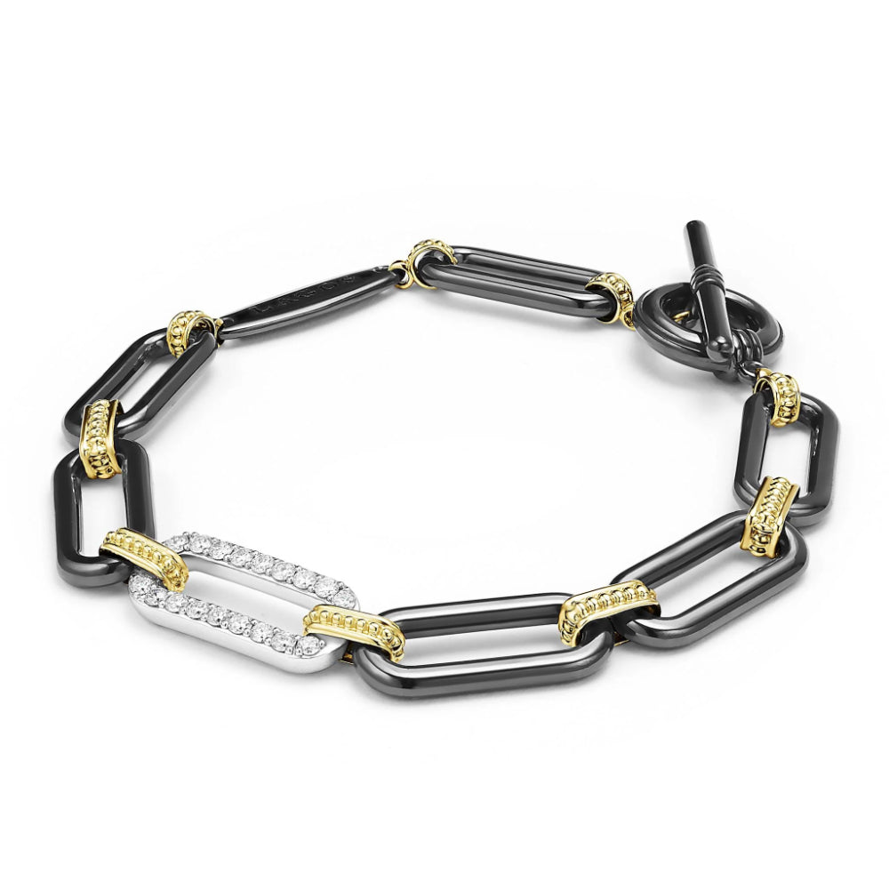 Lagos Signature Caviar 18k Gold and Black Ceramic Diamond Station Link Bracelet