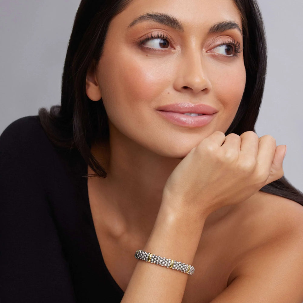 Lagos Signature Caviar Six Gold Station Caviar Bracelet, 9mm