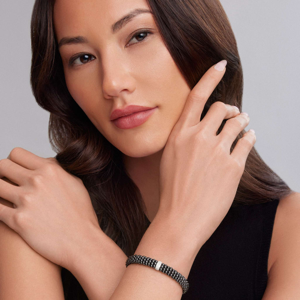 LAGOS Silver Black Caviar Single Station Ceramic Diamond Bracelet