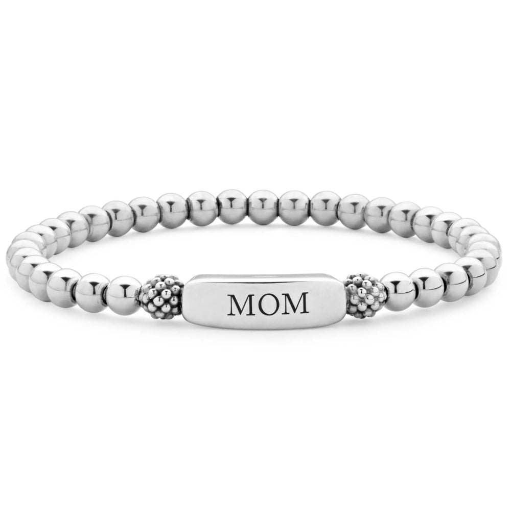 Silver beaded bracelet with 'MOM' tag on a white background