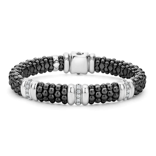 Lagos Black Caviar Three Station Ceramic Diamond Bracelet, 9mm