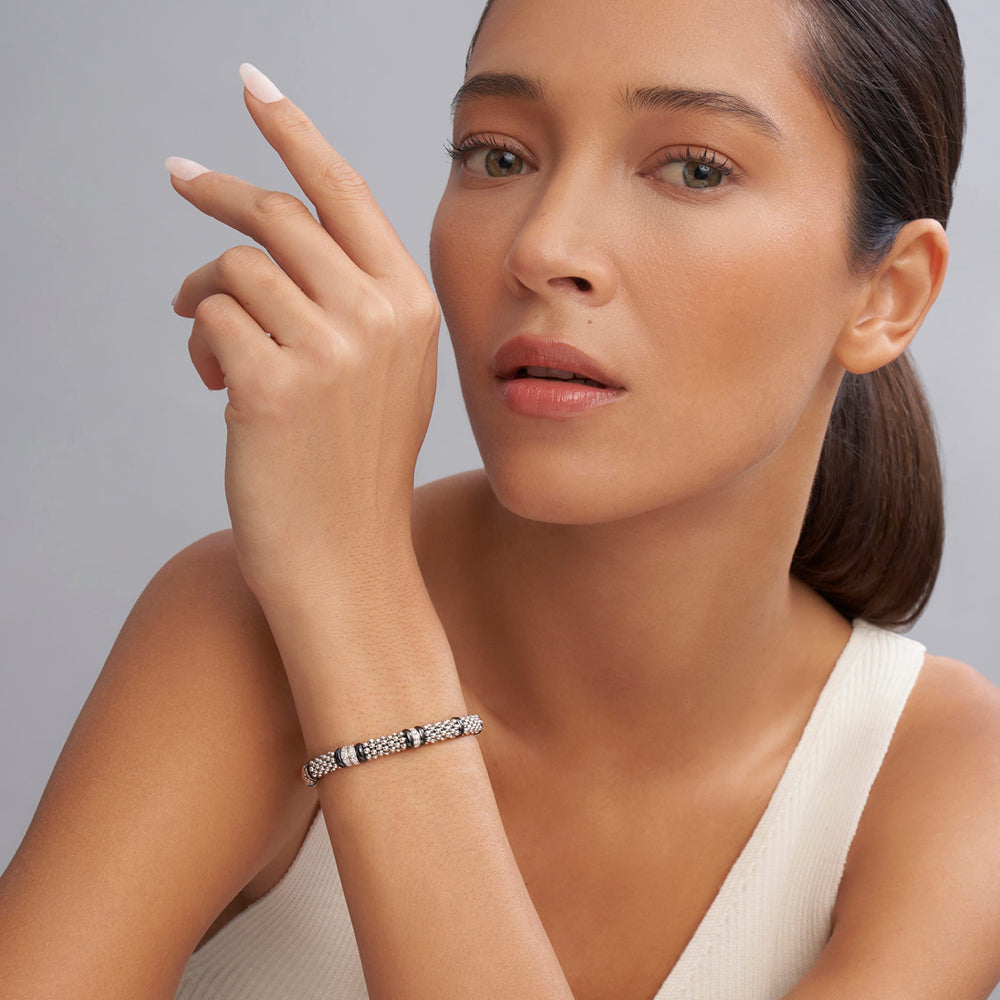LAGOS Silver Black Caviar Four Station Diamond Caviar Bracelet