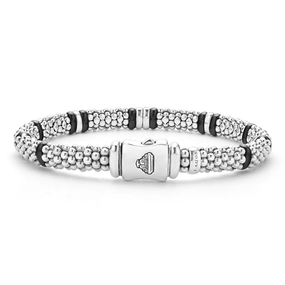 LAGOS Silver Black Caviar Four Station Diamond Caviar Bracelet