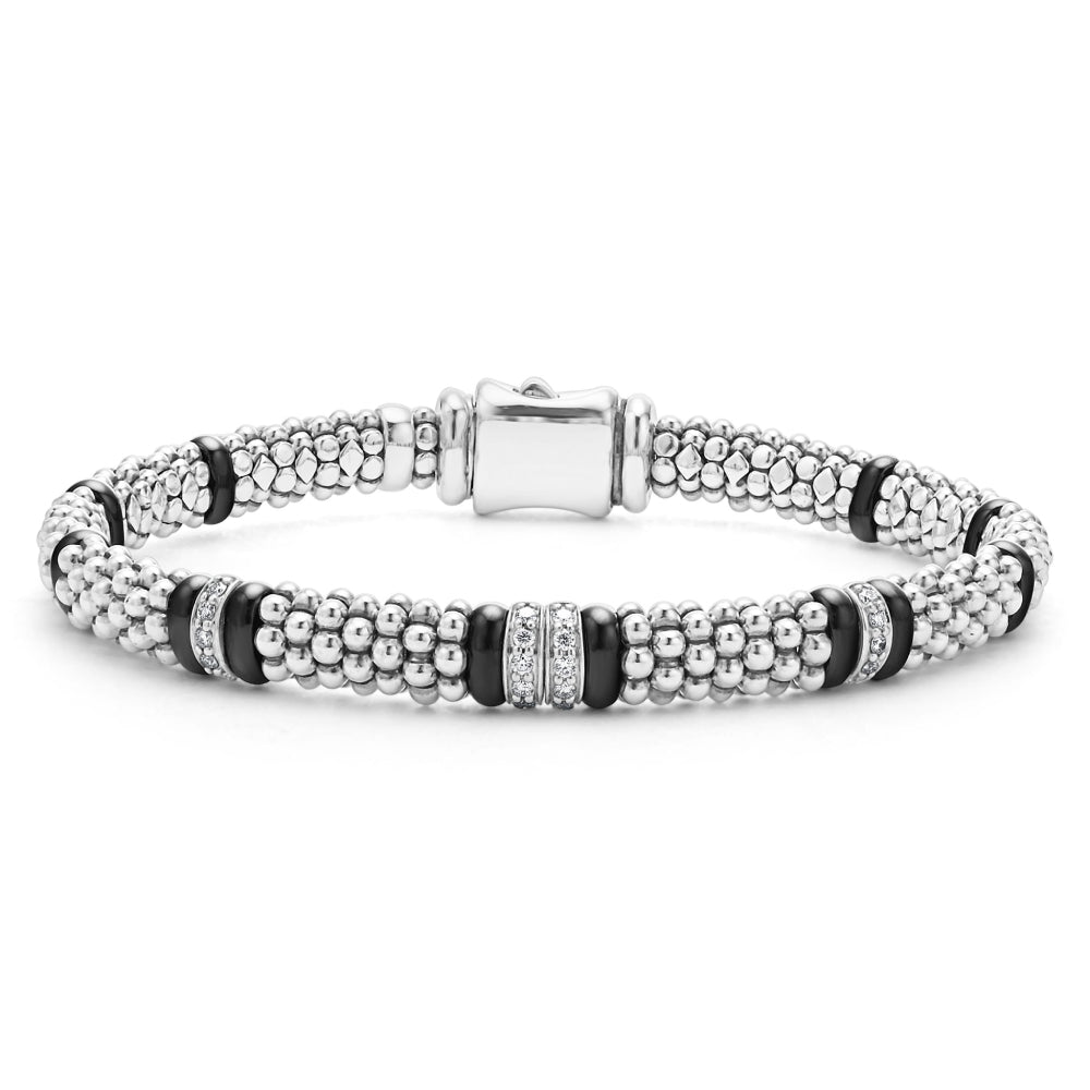 LAGOS Silver Black Caviar Four Station Diamond Caviar Bracelet