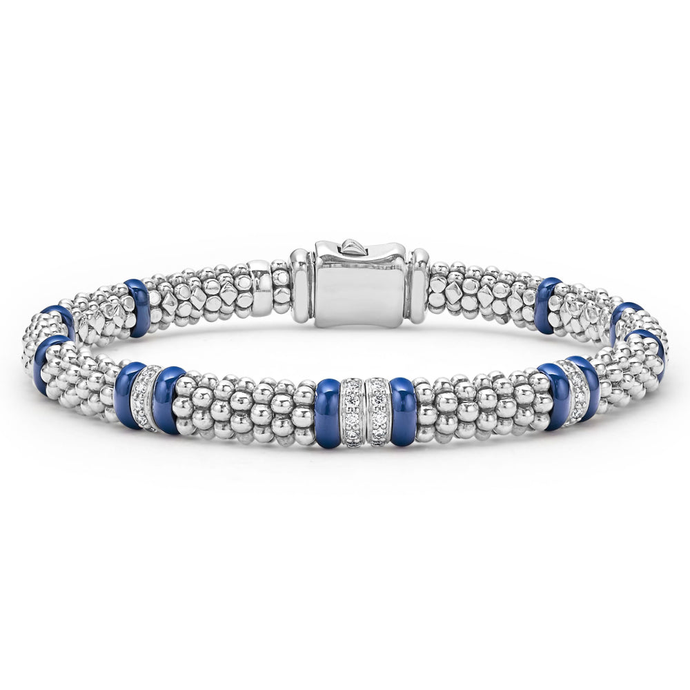 LAGOS Silver Ultramarine Blue Caviar Four Station Diamond Bracelet