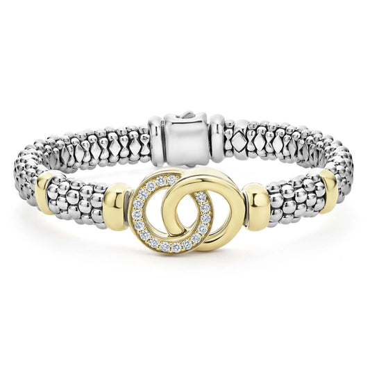 Lagos Signature Caviar Two-Tone Interlocking Diamond Caviar Bracelet, 9mm