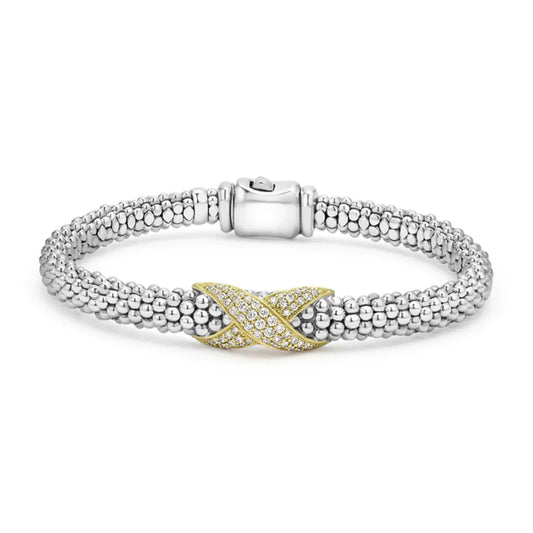 Lagos Embrace Two-Tone Diamond X Caviar Bracelet, 6mm