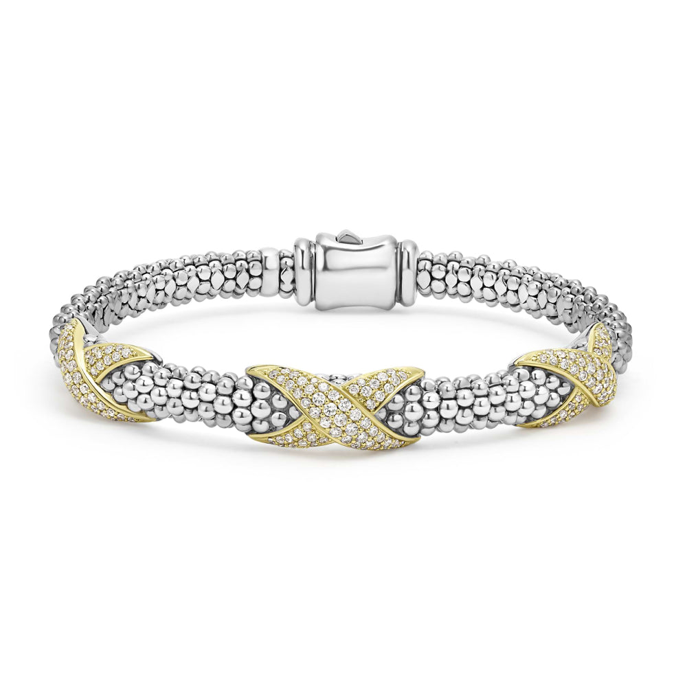 LAGOS Embrace Two-Tone Three Station Diamond X Caviar Bracelet