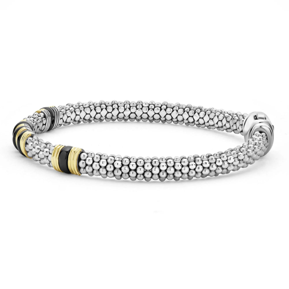 Lagos Black Caviar 18k Gold and Ceramic Triple Station Bracelet, 6mm