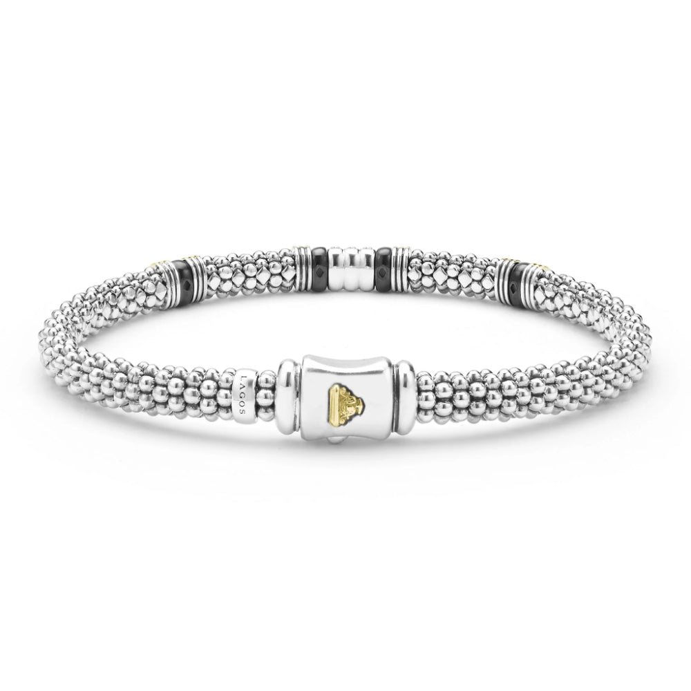 Lagos Black Caviar Two-Tone Black Ceramic Station Diamond Bracelet, 6mm