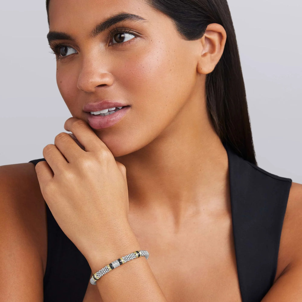 Lagos Black Caviar Two-Tone Black Ceramic Station Diamond Bracelet, 6mm