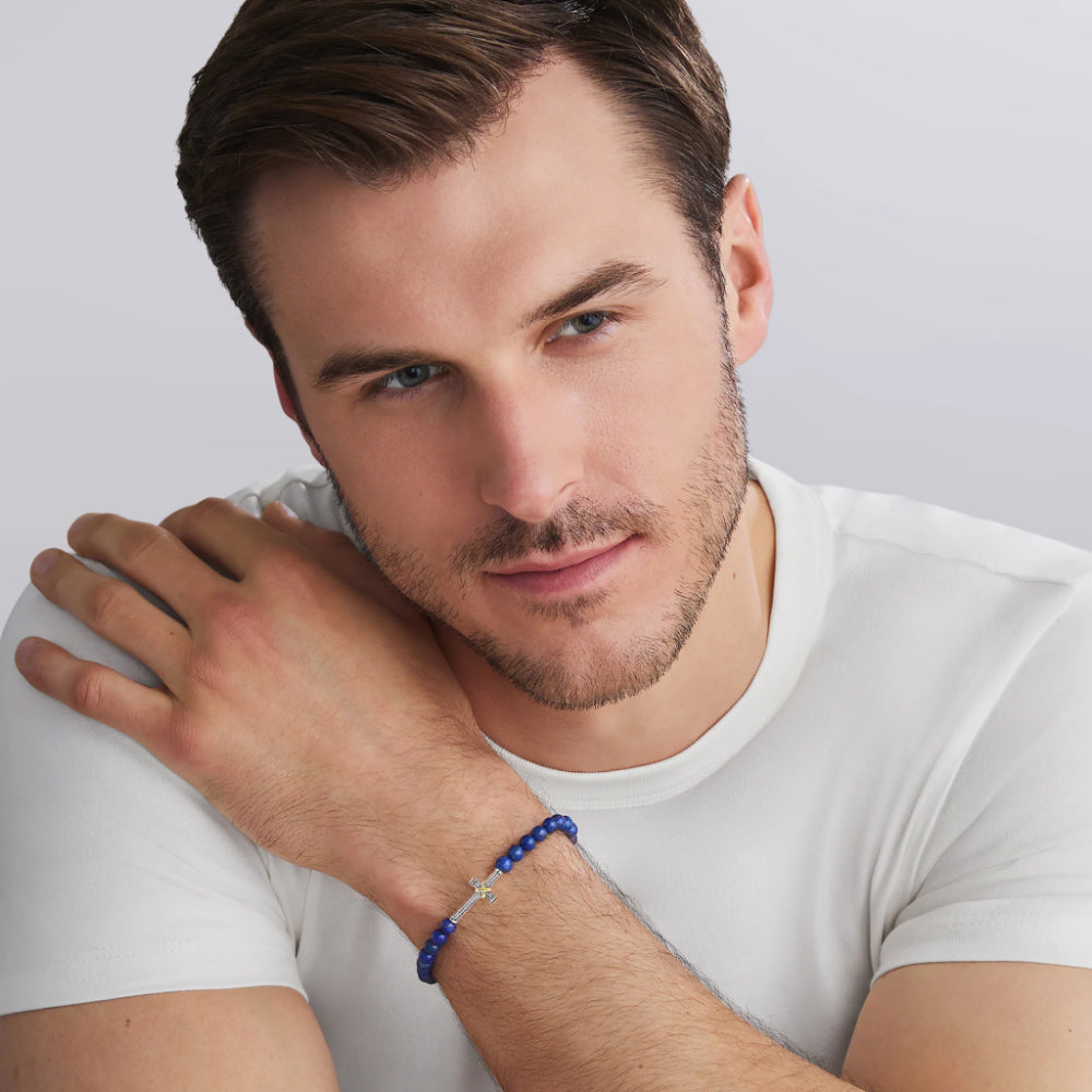 Lagos Anthem Two-Tone Caviar Cross Lapis Stretch Bracelet