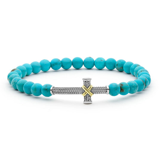 Lagos Anthem Two-Tone Caviar Cross Turquoise Stretch Bracelet