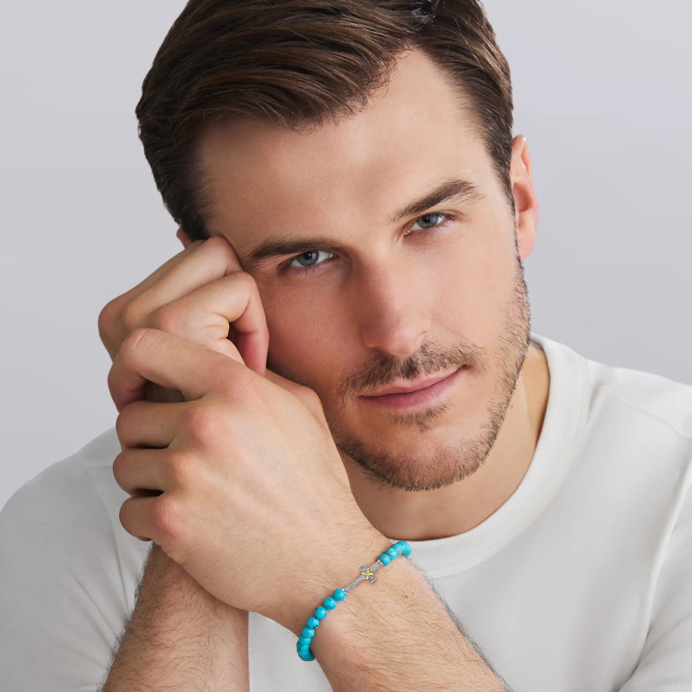 Lagos Anthem Two-Tone Caviar Cross Turquoise Stretch Bracelet