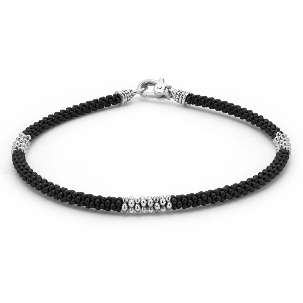 Lagos Black Caviar Three Silver Station Matte Ceramic Bracelet, 3mm