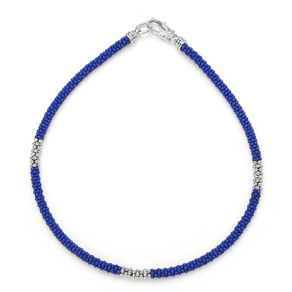 Lagos Blue Caviar Three Silver Station Matte Blue Ceramic Bracelet