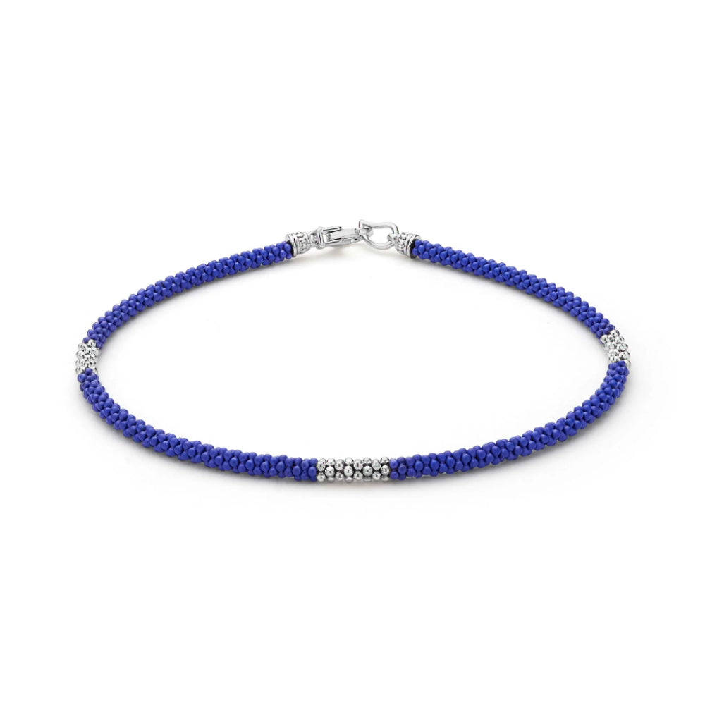 Lagos Blue Caviar Three Silver Station Matte Blue Ceramic Bracelet