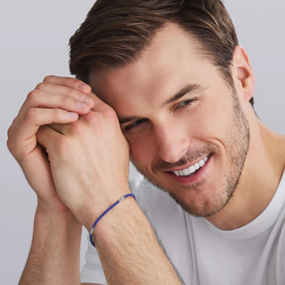 Lagos Blue Caviar Three Silver Station Matte Blue Ceramic Bracelet